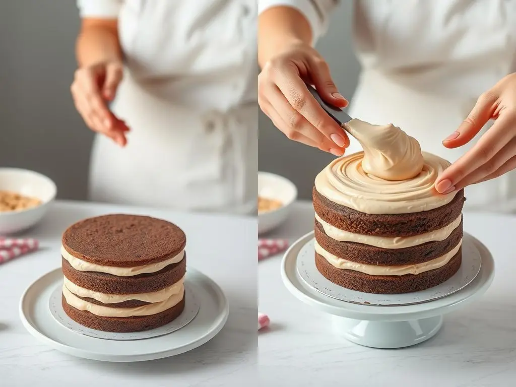 Składanie tortu orzechowego siostry Anastazji - przekładanie blatów kremem Składanie tortu orzechowego siostry Anastazji - przekładanie blatów kremem