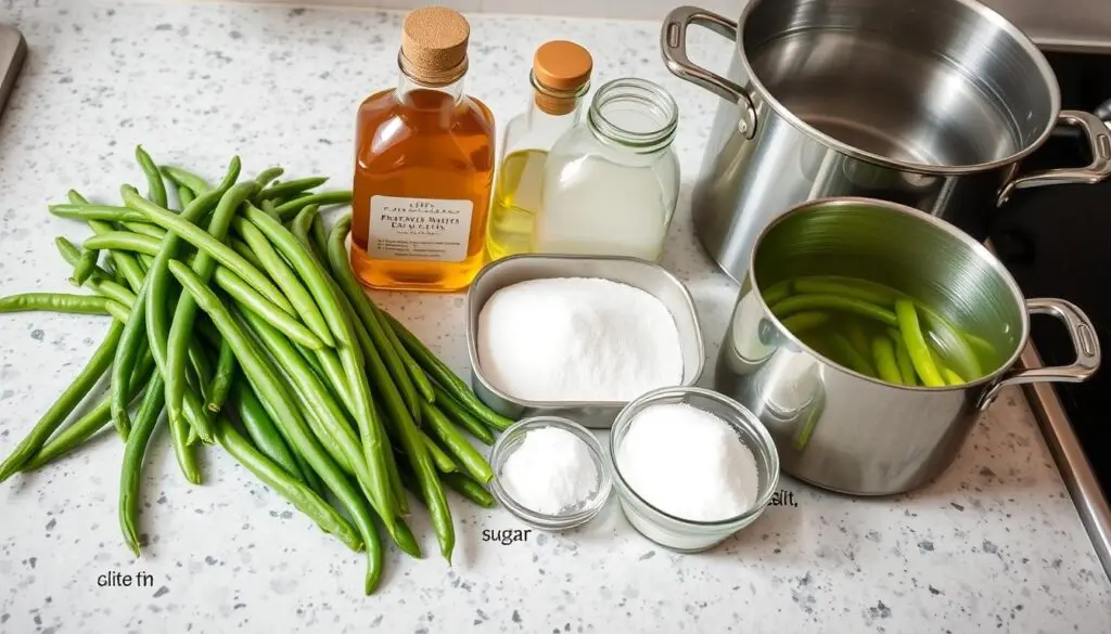 Składniki do przygotowania fasolki szparagowej na zimę siostry Anastazji rozłożone na stole Składniki do przygotowania fasolki szparagowej na zimę siostry Anastazji rozłożone na stole