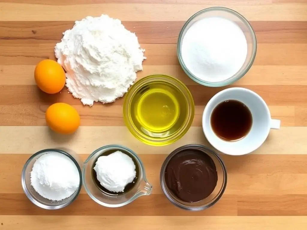 Składniki na babkę na oleju Siostry Anastazji ułożone na blacie kuchennym