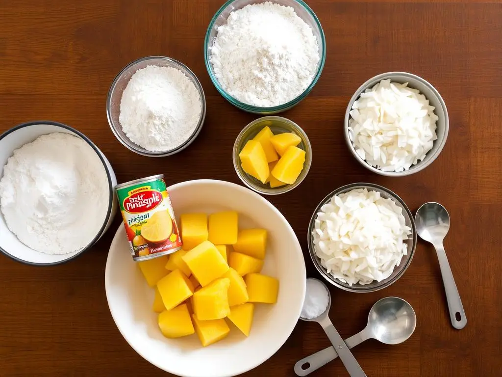 Składniki na ciasto ananasowo kokosowe siostry Anastazji ułożone na stole Składniki na ciasto ananasowo kokosowe siostry Anastazji ułożone na stole