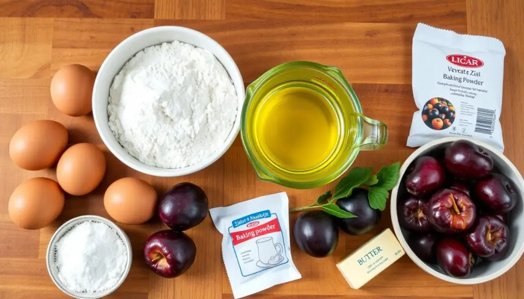 Składniki na ciasto ucierane ze śliwkami siostry Anastazji ułożone na blacie kuchennym