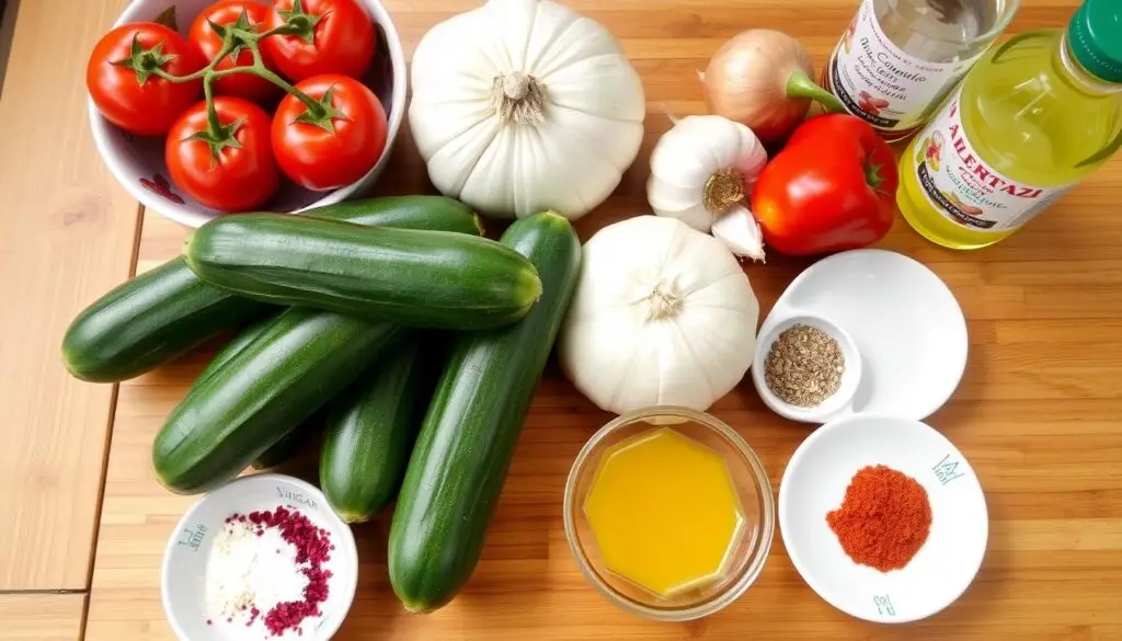 Składniki na ketchup z cukinii siostry Anastazji ułożone na drewnianym stole Składniki na ketchup z cukinii siostry Anastazji ułożone na drewnianym stole