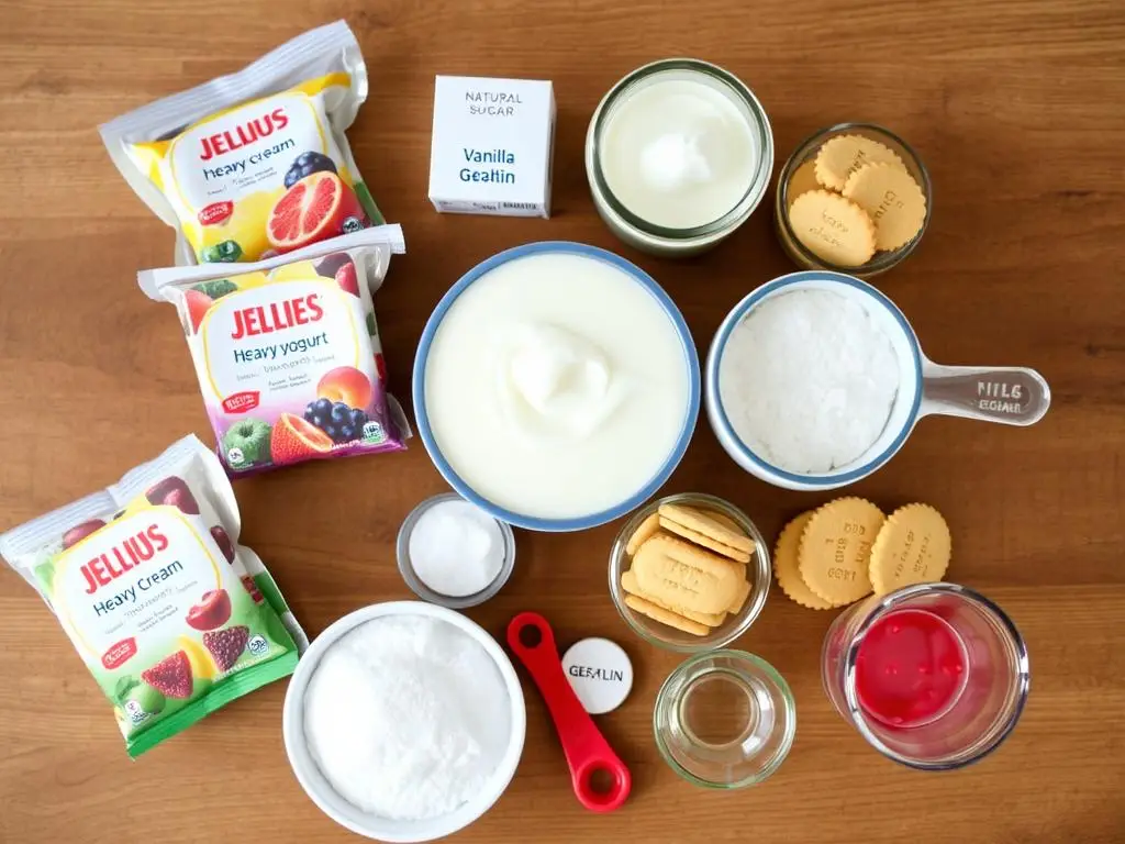 Składniki na śmietanowiec z galaretką siostry Anastazji ułożone na stole