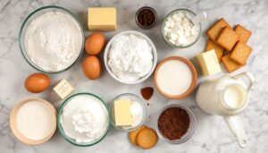 Składniki potrzebne do przygotowania ciasta góra lodowa ułożone na blacie kuchennym