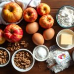 Składniki potrzebne do przygotowania ciasta z orzechami i jabłkami siostry Anastazji ułożone na drewnianym stole