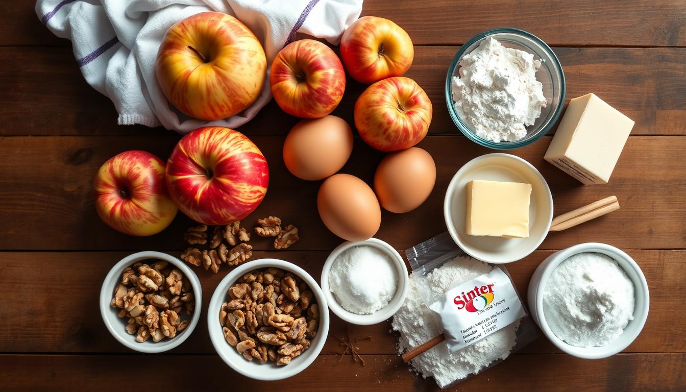 Składniki potrzebne do przygotowania ciasta z orzechami i jabłkami siostry Anastazji ułożone na drewnianym stole