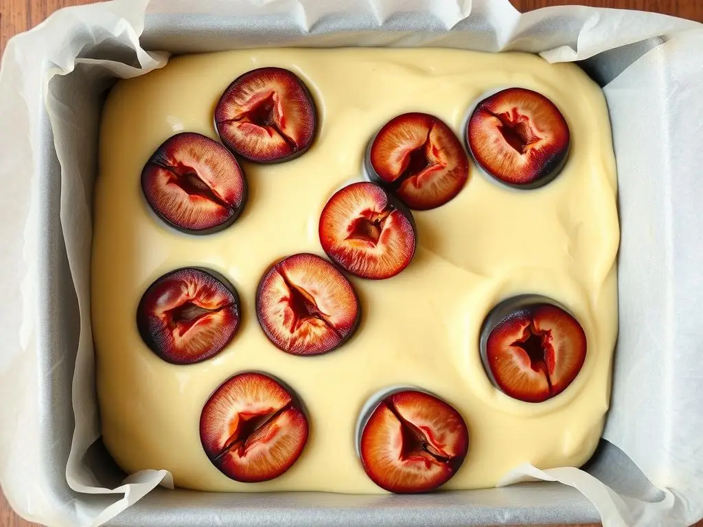 Śliwki ułożone na cieście przed pieczeniem