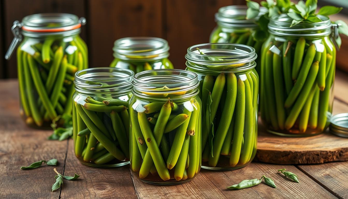 Słoiki z fasolką szparagową na zimę siostry Anastazji ustawione na drewnianym stole