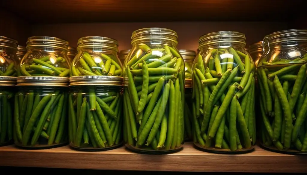 Słoiki z fasolką szparagową przechowywane w spiżarni Słoiki z fasolką szparagową przechowywane w spiżarni