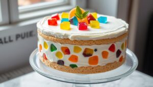 Śmietanowiec z galaretką siostry Anastazji na paterze, udekorowany kolorowymi galaretkami i owocami