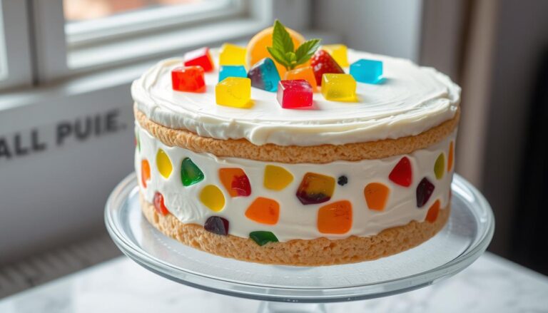 Śmietanowiec z galaretką siostry Anastazji na paterze, udekorowany kolorowymi galaretkami i owocami