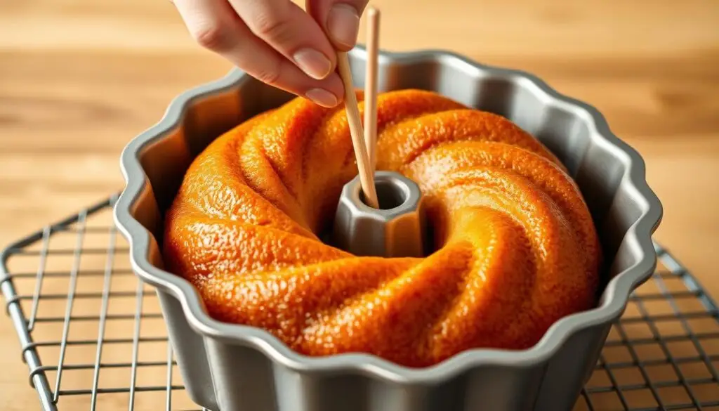 Sprawdzanie patyczkiem czy babka na oleju jest upieczona