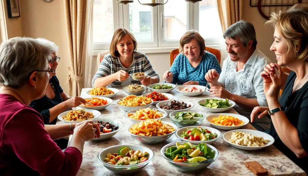 Stół z różnorodnymi sałatkami Siostry Anastazji podczas rodzinnego spotkania