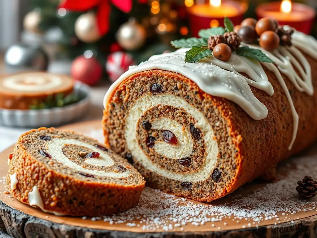 Świąteczny makowiec według przepisu Siostry Anastazji udekorowany lukrem i bakaliami