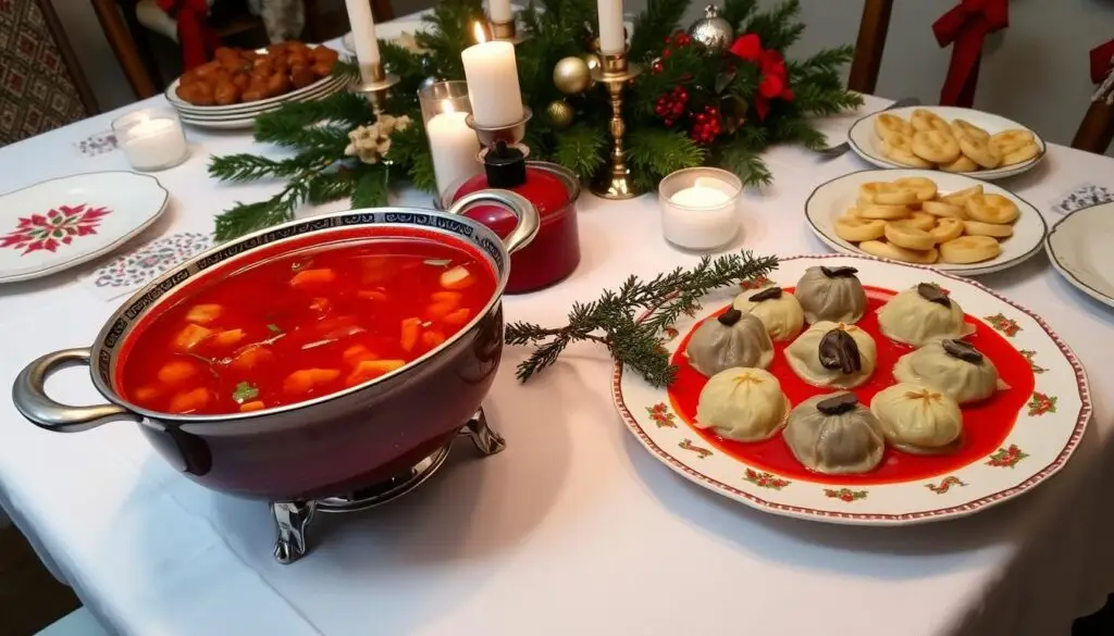 Świąteczny stół z barszczem i uszkami z pieczarkami według przepisu Siostry Anastazji