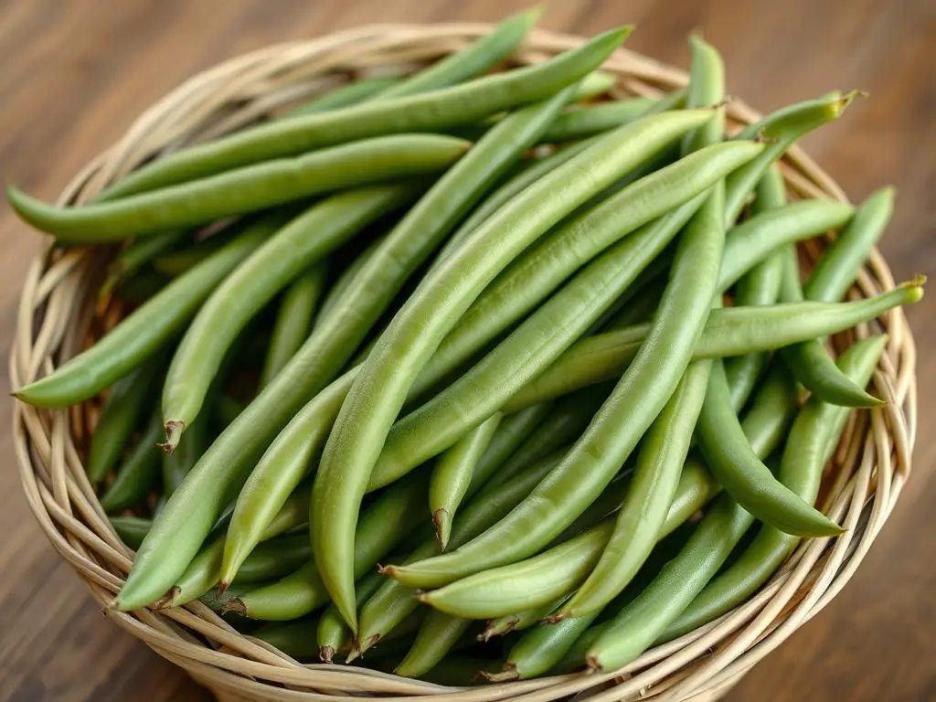 Świeża fasolka szparagowa w koszyku, gotowa do przygotowania przetworów na zimę Świeża fasolka szparagowa w koszyku, gotowa do przygotowania przetworów na zimę