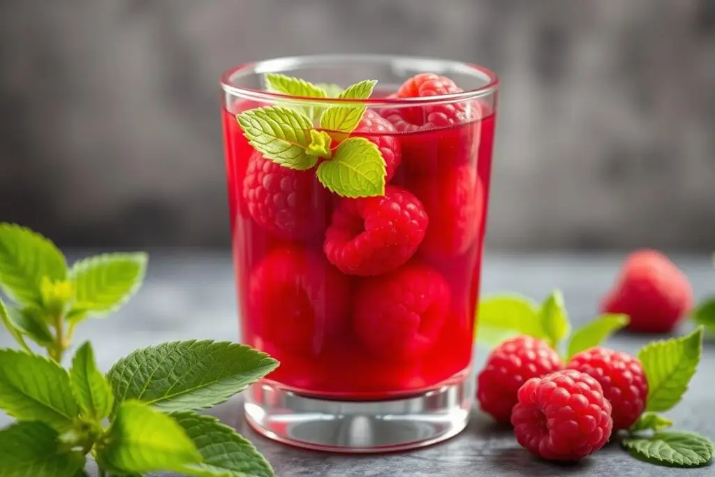 Świeże maliny i gotowy sok malinowy w szklance