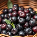 Świeże owoce aronii w koszyku, pokazujące ich intensywny ciemnogranatowy kolor