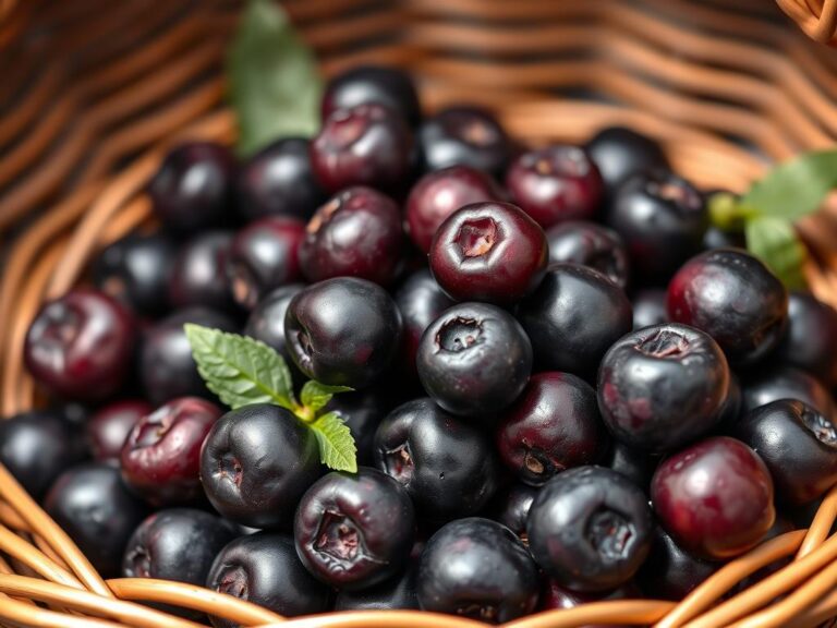 Świeże owoce aronii w koszyku, pokazujące ich intensywny ciemnogranatowy kolor