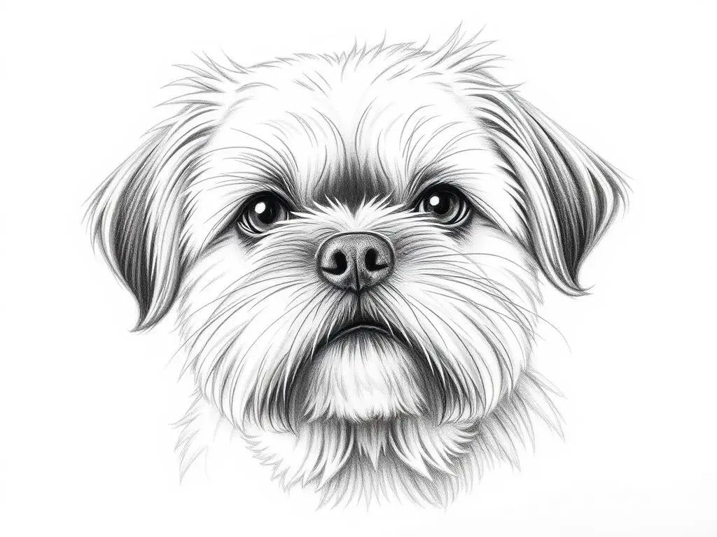 Szczegółowy rysunek głowy psa rasy Shih Tzu z zaznaczonymi elementami pyska