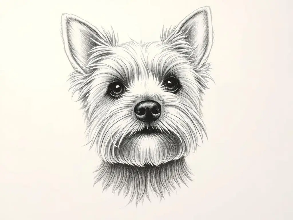 Szczegółowy rysunek głowy psa rasy York z zaznaczonymi elementami pyska