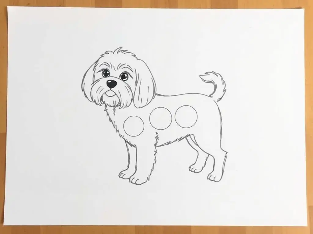 Szkic podstawowy psa rasy Shih Tzu z zaznaczonymi kształtami pomocniczymi