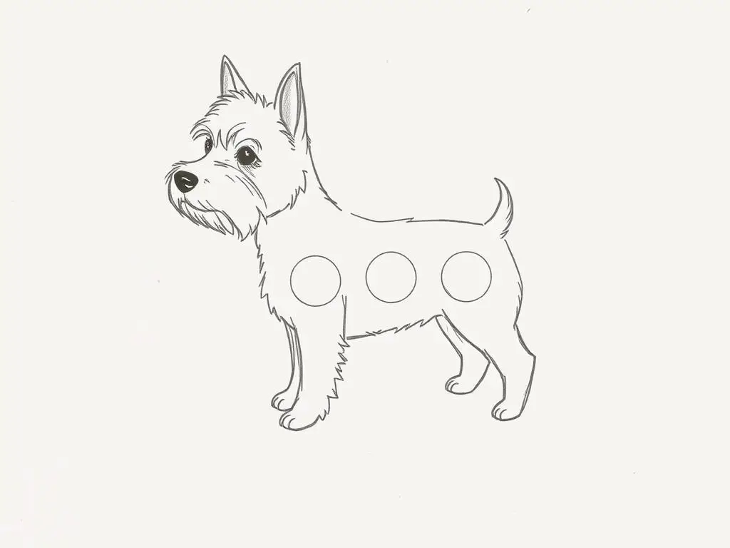 Szkic podstawowy psa rasy York z zaznaczonymi kształtami pomocniczymi