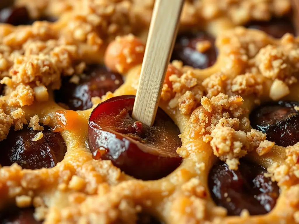 Test patyczkiem sprawdzający gotowość ciasta ucieranego ze śliwkami