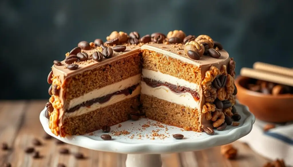 Tort orzechowo kawowy siostry Anastazji z dekoracją z ziaren kawy Tort orzechowo kawowy siostry Anastazji z dekoracją z ziaren kawy