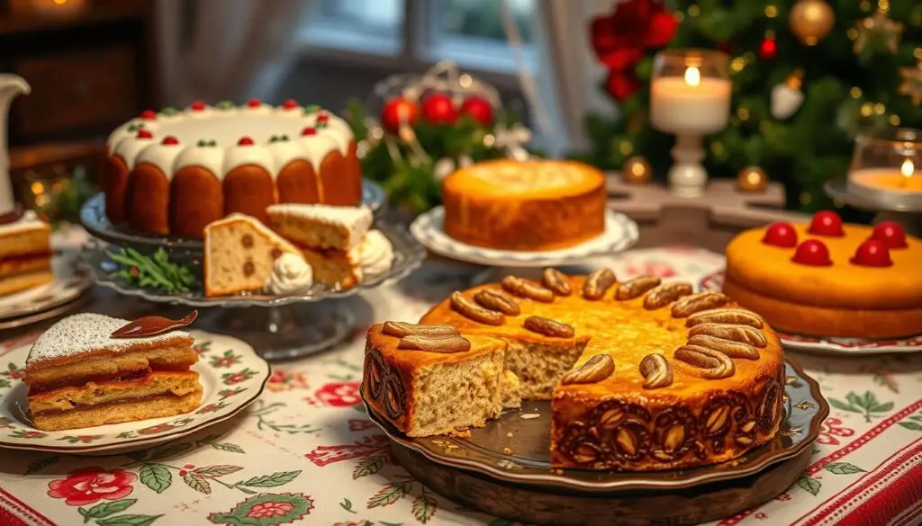 Tradycyjne polskie ciasta, w tym ciasto z orzechami i jabłkami siostry Anastazji, na świątecznym stole Tradycyjne polskie ciasta, w tym ciasto z orzechami i jabłkami siostry Anastazji, na świątecznym stole