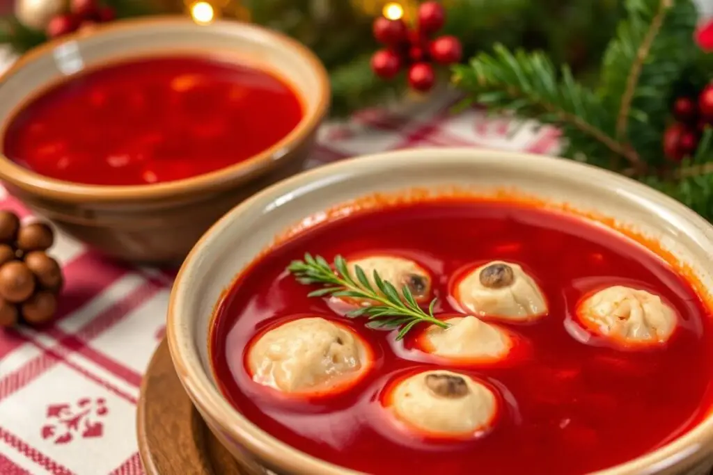 Tradycyjny barszcz czerwony według przepisu Siostry Anastazji podany w ceramicznych miseczkach
