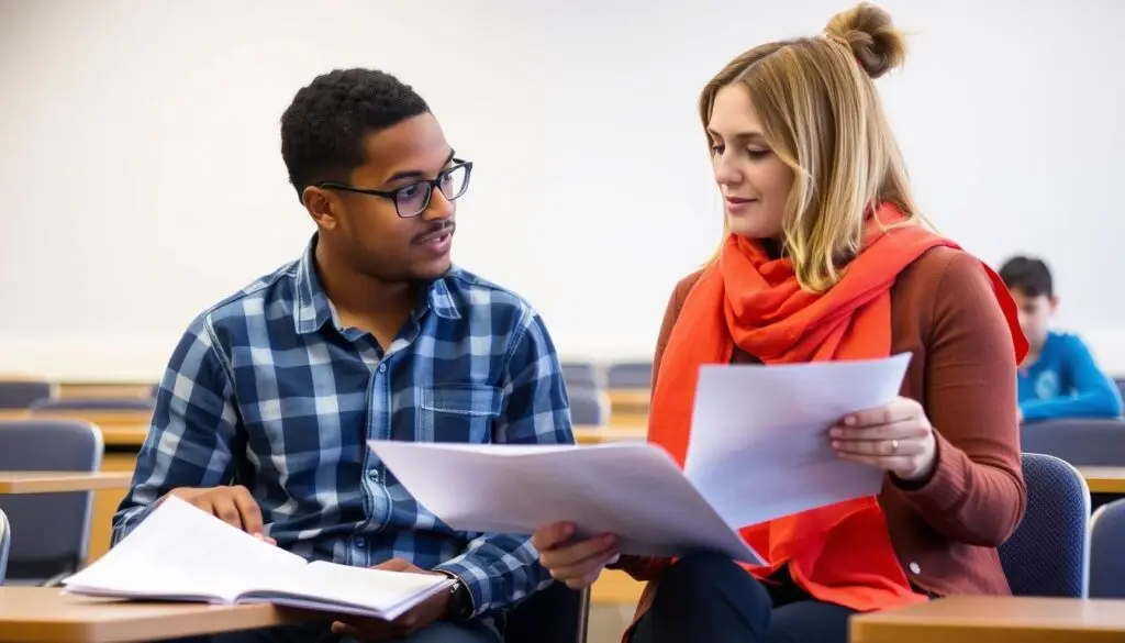 Uczeń konsultujący się z nauczycielem w sprawie rezygnacji z języka obcego