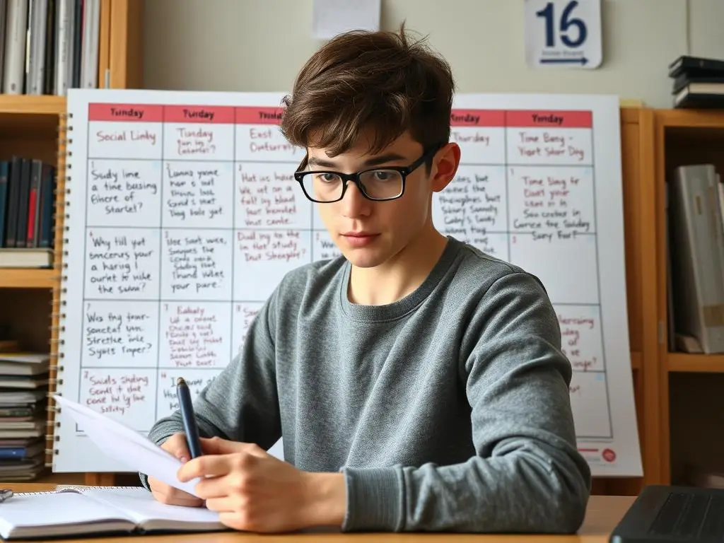 Uczeń planujący tydzień w kalendarzu, pokazujący jak być popularnym w szkole i mieć dobre oceny Uczeń planujący tydzień w kalendarzu, pokazujący jak być popularnym w szkole i mieć dobre oceny