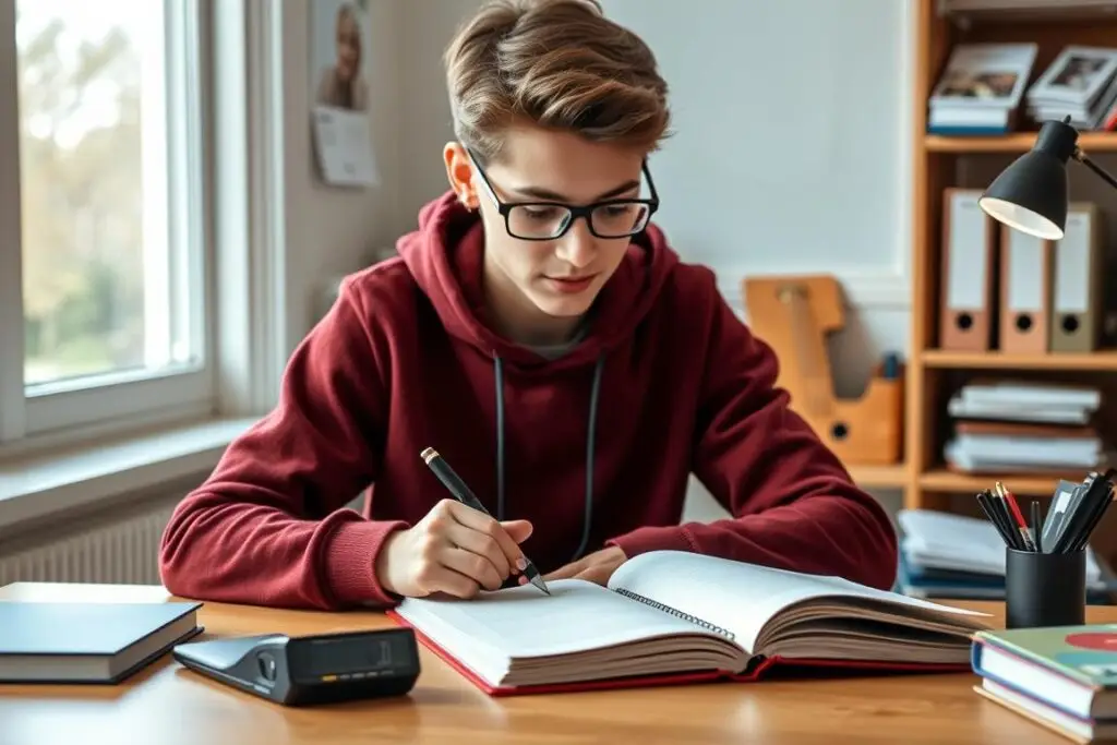 Uczeń stosujący technikę Pomodoro podczas nauki, pokazujący jak być popularnym w szkole i mieć dobre oceny Uczeń stosujący technikę Pomodoro podczas nauki, pokazujący jak być popularnym w szkole i mieć dobre oceny