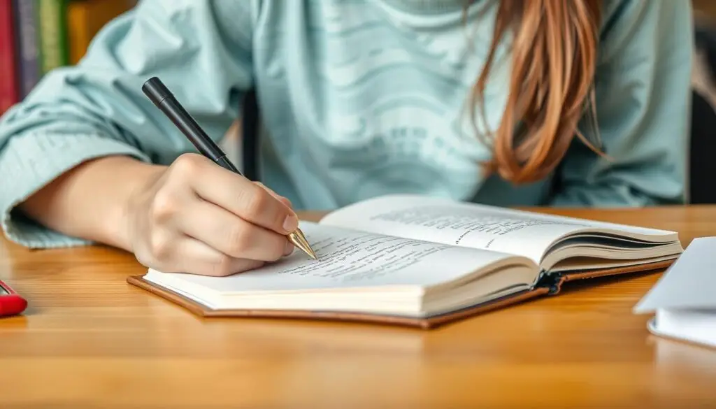 Uczeń zapisujący postanowienia na nowy rok szkolny, pokazujący jak być popularnym w szkole i mieć dobre oceny Uczeń zapisujący postanowienia na nowy rok szkolny, pokazujący jak być popularnym w szkole i mieć dobre oceny