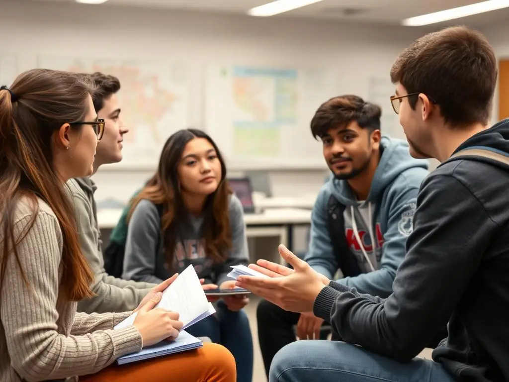 Uczniowie dyskutujący w grupie, pokazujący jak być popularnym w szkole i mieć dobre oceny Uczniowie dyskutujący w grupie, pokazujący jak być popularnym w szkole i mieć dobre oceny