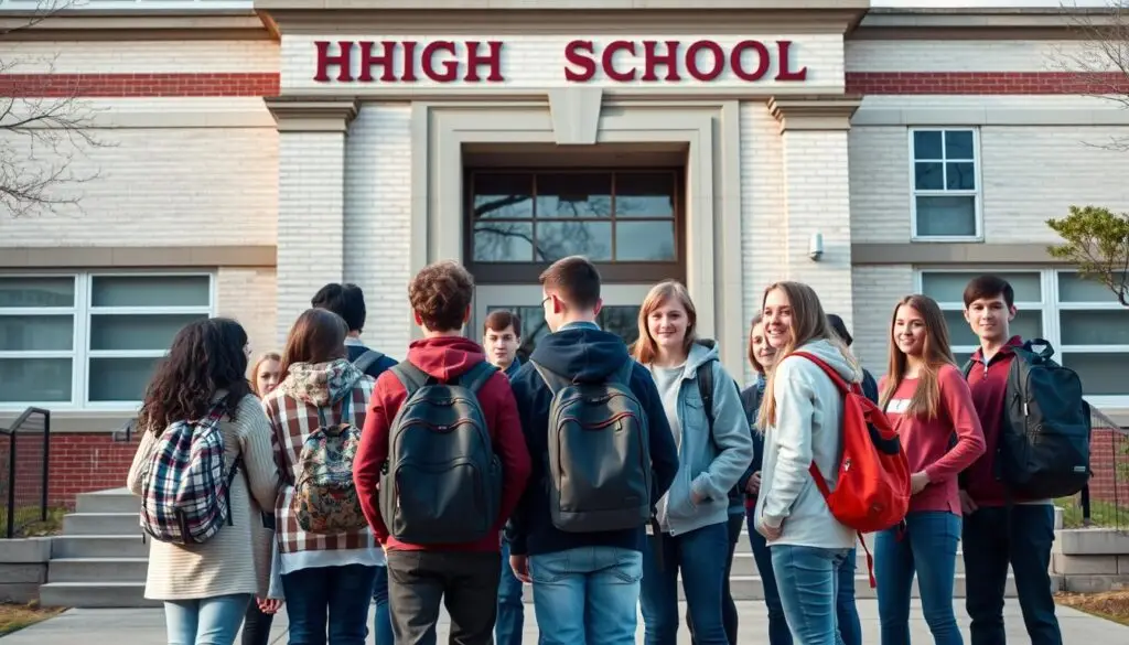 Uczniowie przed budynkiem liceum, pokazujący jak być popularnym w szkole i mieć dobre oceny Uczniowie przed budynkiem liceum, pokazujący jak być popularnym w szkole i mieć dobre oceny