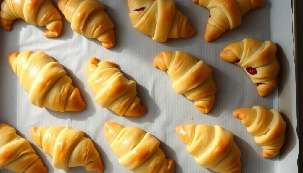 Upieczone rogaliki krucho drożdżowe siostry Anastazji na blasze do pieczenia Upieczone rogaliki krucho drożdżowe siostry Anastazji na blasze do pieczenia