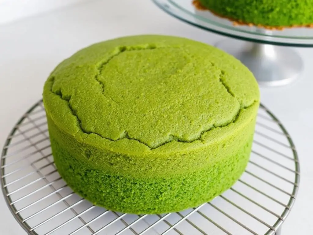 Upieczone zielone ciasto szpinakowe leśny mech przed przekrojeniem i nałożeniem kremu