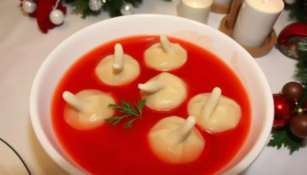 Uszka z pieczarkami Siostry Anastazji podane z barszczem czerwonym