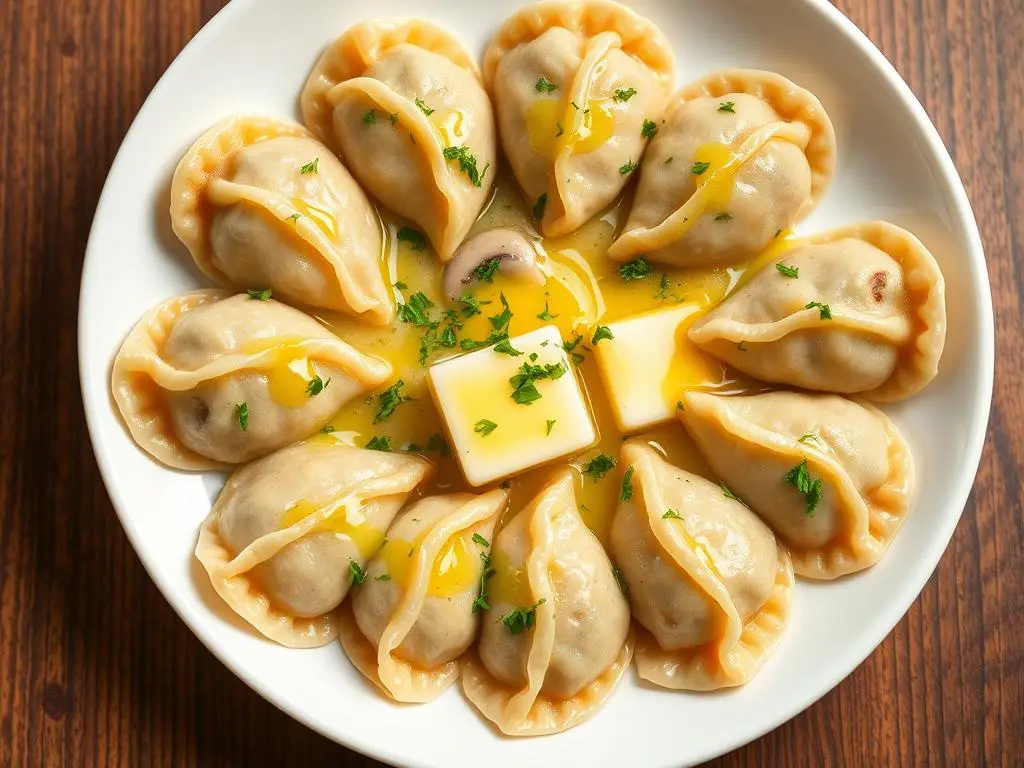 Uszka z pieczarkami podane jako samodzielne danie z masłem i natką pietruszki