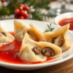 Uszka z pieczarkami przepis Siostry Anastazji na talerzu obok barszczu czerwonego