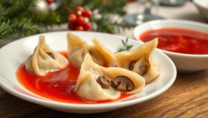 Uszka z pieczarkami przepis Siostry Anastazji na talerzu obok barszczu czerwonego