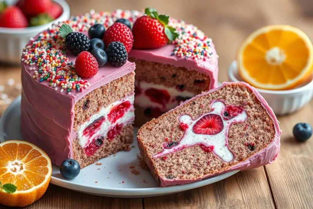 Wariant ciasta góra lodowa z dodatkiem owoców i kolorową polewą