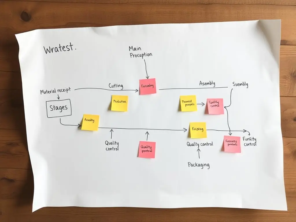 Wstępna wersja mapy procesu produkcji mebli z zaznaczonymi głównymi etapami