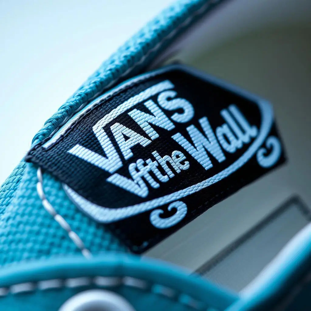 Zbliżenie na oryginalny znaczek Vans z napisem Off the Wall