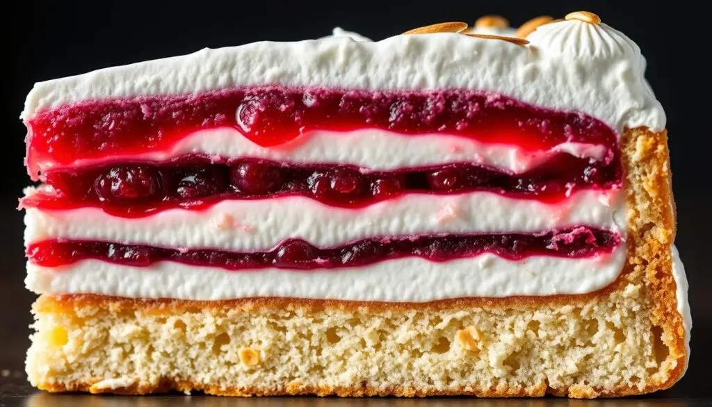 Zbliżenie na przekrój ciasta malinowa chmurka siostry Anastazji ukazujący wszystkie warstwy