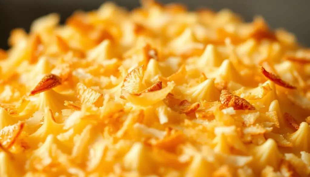 Zbliżenie na warstwę kokosową ciasta ananasowo kokosowego siostry Anastazji Zbliżenie na warstwę kokosową ciasta ananasowo kokosowego siostry Anastazji