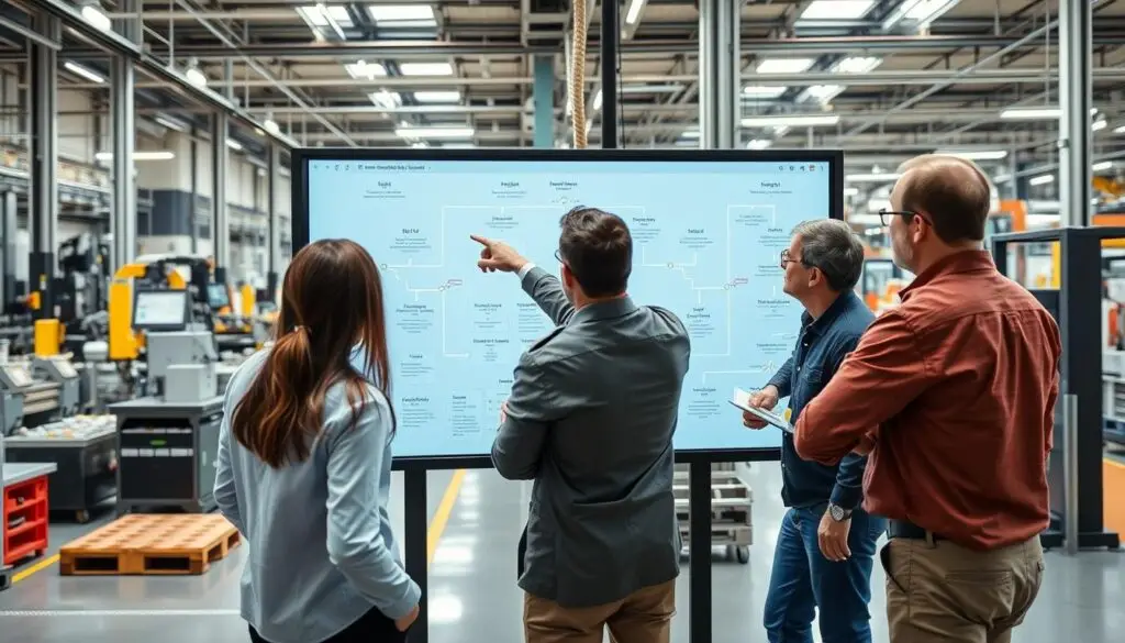 Zespół analizujący mapę procesu produkcji i identyfikujący obszary do optymalizacji