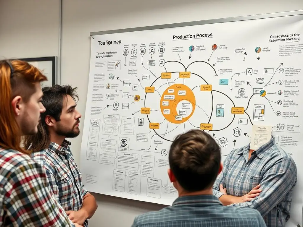 Zespół analizujący zbyt skomplikowaną mapę procesu produkcji